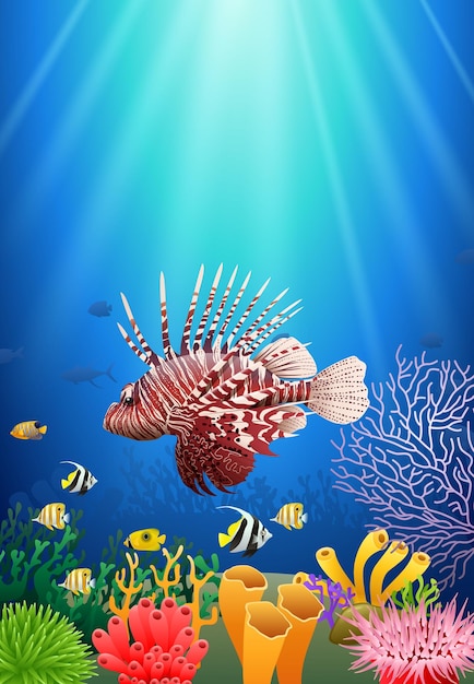 Pesce leone e barriere coralline in mare bellezza sottomarina illustrazione vettoriale