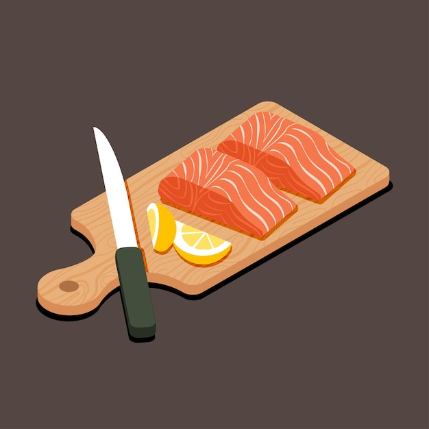 pesce salmone crudo isometrico e limone scivolato con su tagliere di legno con coltello