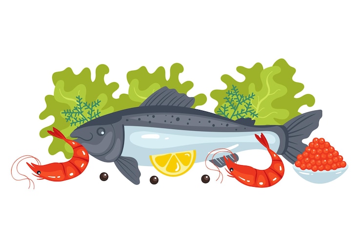Vettore pesce, tonno, salmone, piatto cotto, pasto, cena, concetto, piatto, disegno grafico, illustrazione