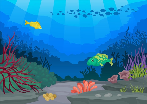 Pesci esotici e illustrazione vettoriale del mondo sottomarino