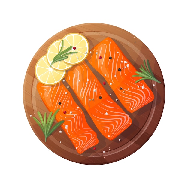 Pezzetti di salmone, salmone o filetto di pesce rosso con fette di limone e rosmarino piccante e spezie