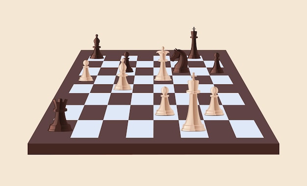 Pezzi degli scacchi in bianco e nero sulla scacchiera isolati. Gioco di strategia giocato su una scacchiera