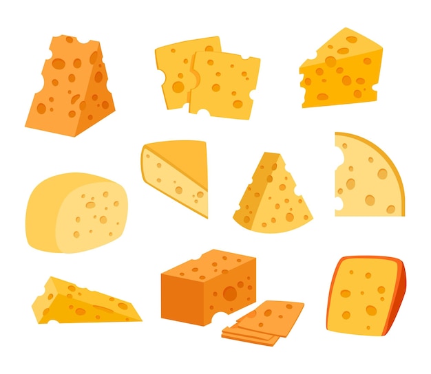 Pezzi di formaggio Prodotti lattiero-caseari Morsi di cartoni animati di maasdam con cavità e buchi Fette di Gouda Set di alimenti per latte di mucca Parti porose isolate Snack gourmet Vettore naturale delizioso pasto