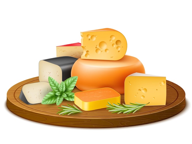 pezzi di formaggio realistici prodotti lattiero-caseari isolati su tavola da taglio in legno diverse varietà cheddar e parmigiano farina cremosa cibo da fattoria ecologico latte nutrizione concetto di vettore utter