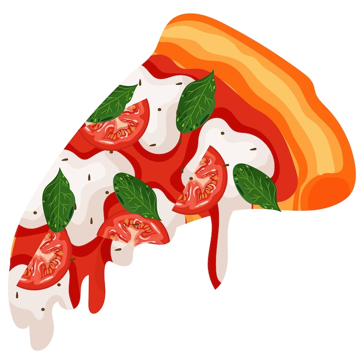 Vettore pezzo croccante di pizza chiamato margherita con pomodori mozzarella foglie di basilico e salsa di pomodoro