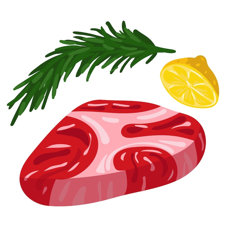 Vettore pezzo di carne cruda con rosmarino e limone illustrazione vettoriale può essere utilizzato manuali di cucina macellaio
