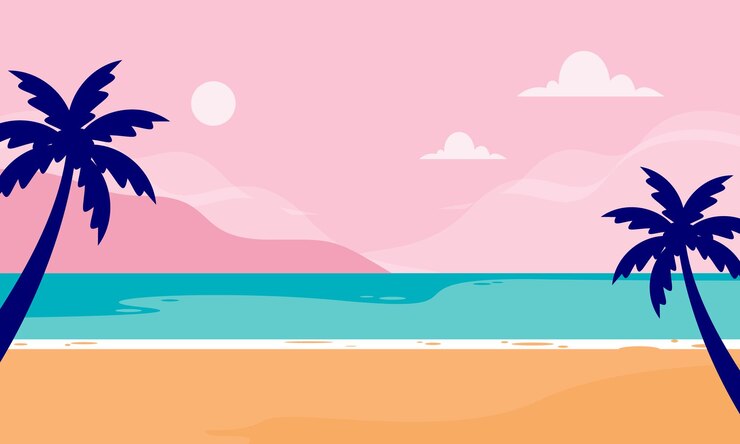 Piaggia estiva con palma e sole sullo sfondo Illustrazione vettoriale