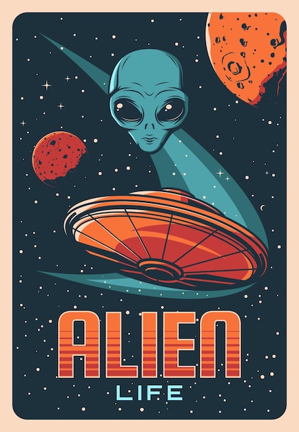 Pianeti dello spazio della testa aliena e vettore retrò ufo
