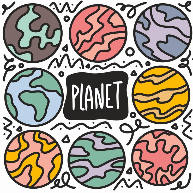 Pianeti disegnati a mano doodle impostato con icone ed elementi di design