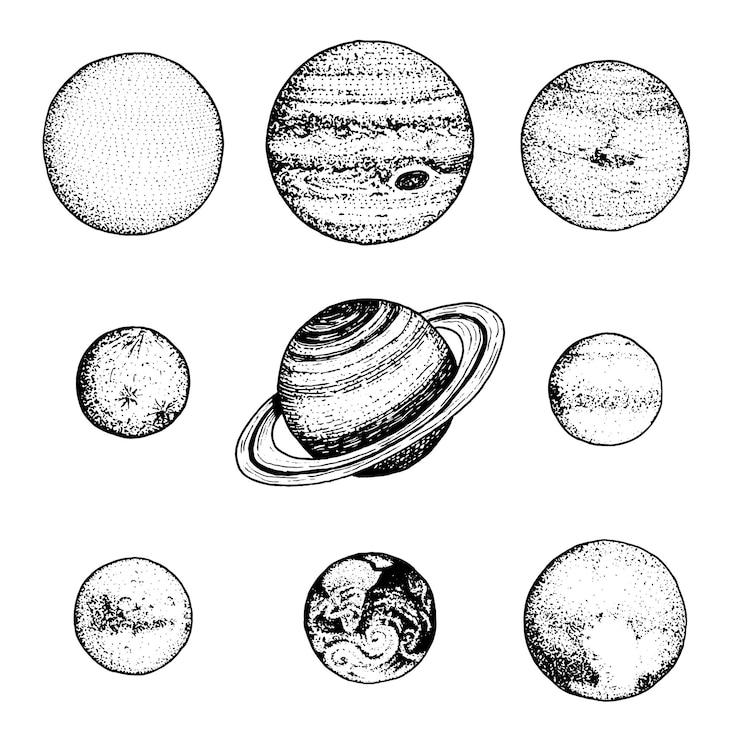 Vettore pianeti nel sistema solare luna e il sole mercurio e terra marte e venere giove o saturno e plutone galassia astronomica spazio inciso disegnato a mano nel vecchio stile vintage schizzo per etichetta