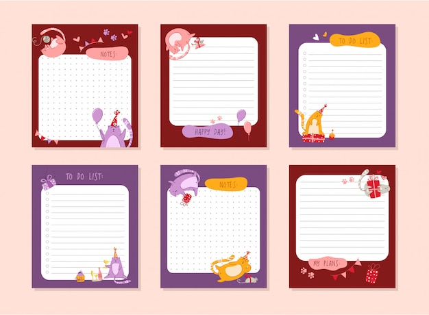 Pianificatore di compleanno di gatti o organizzatore di articoli di cartoleria personale o adesivi con note e lista di cose da fare per i programmi quotidiani
