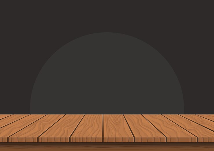 Vettore piano di presentazione in legno su sfondo scuro, tavolo di visualizzazione del prodotto vuoto con spazio vuoto.