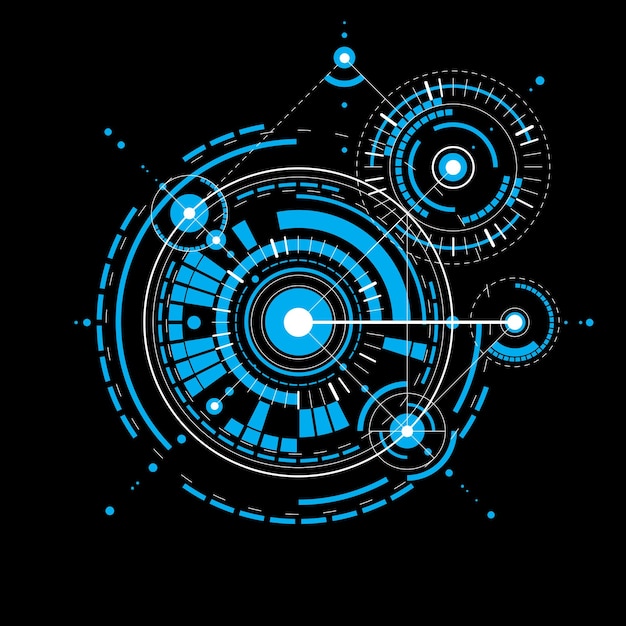 Piano tecnico, bozza di ingegneria astratta per l'uso in grafica e web design. Disegno vettoriale blu del sistema industriale creato con parti meccaniche e cerchi.