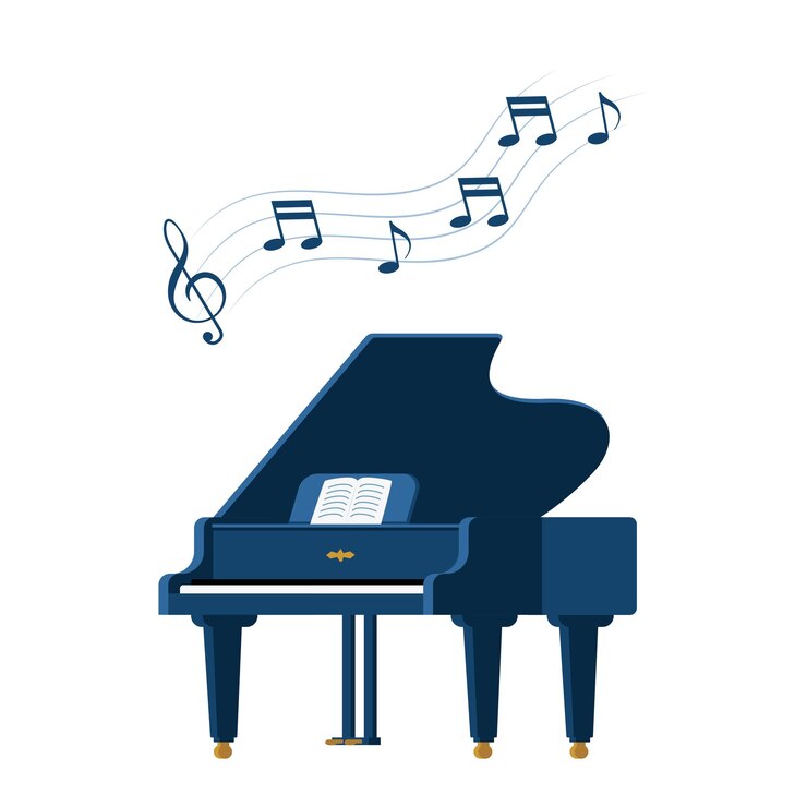 Pianoforte a coda e spartiti su un supporto Strumento musicale Chiave di violino con note su linee ondulate