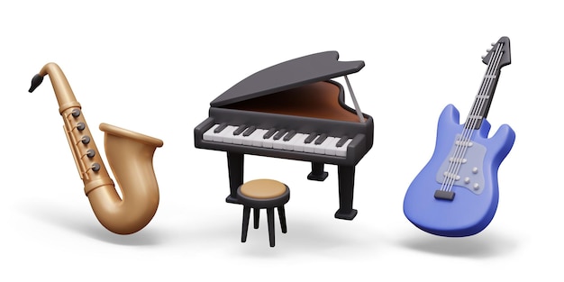 Pianoforte a sassofono realistico con chitarra elettrica a sgabello rotondo Set di strumenti musicali