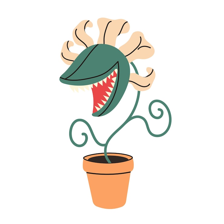 Vettore pianta carnivora affamata di vettore in vaso happy halloween venus fly trap cattura una mosca vector