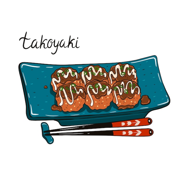 Piastra con takoyaki e bacchette isolare su sfondo bianco