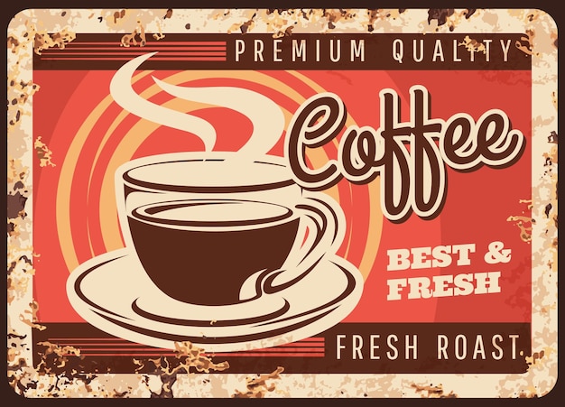 Piastra di metallo arrugginito tazza di caffè fumante