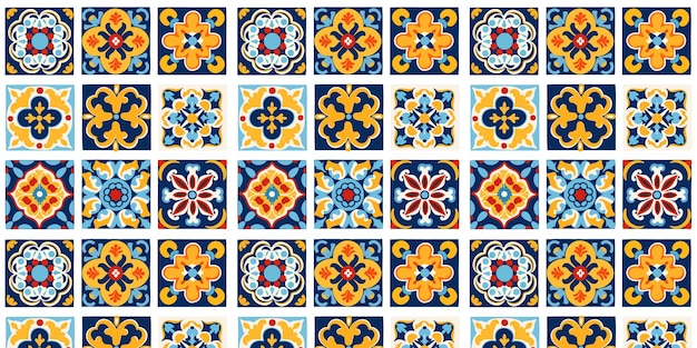 Piastrelle talavera messicane vettore modello senza cuciture con fiori foglie cuori e turbinii