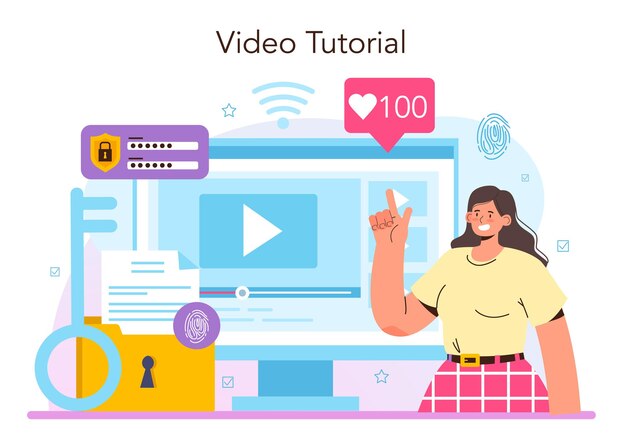 Piattaforma o servizio online specializzato in sicurezza informatica. Sicurezza dei dati e dei database digitali, prevenzione degli attacchi informatici. Videotutorial. Illustrazione vettoriale piatta