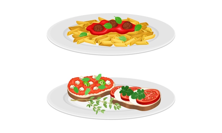 Vettore piatti della cucina italiana set bruschetta e pasta con illustrazione vettoriale di salsa vegetale