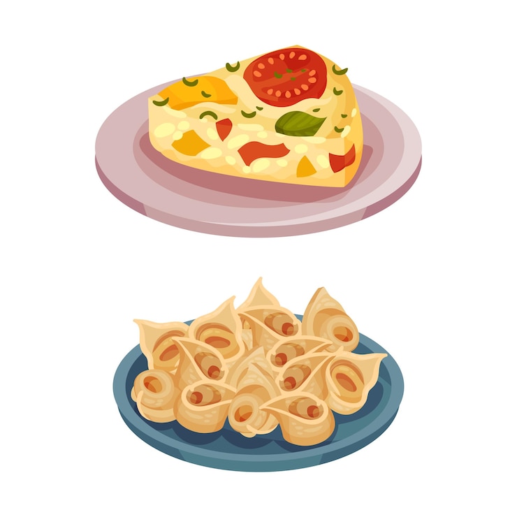 Vettore piatti tradizionali italiani frittata e tagliatelle serviti su piatti illustrazione vettoriale