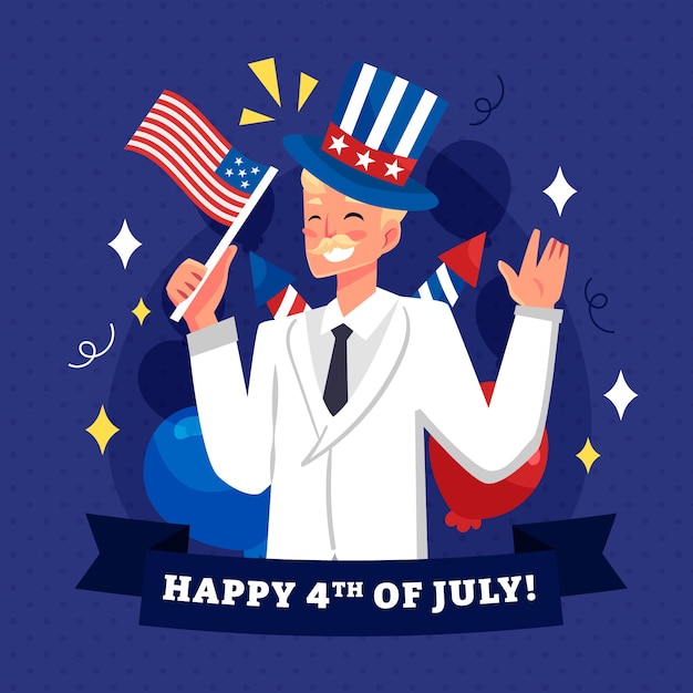 Piatto 4 luglio illustrazione con uomo che tiene bandiera