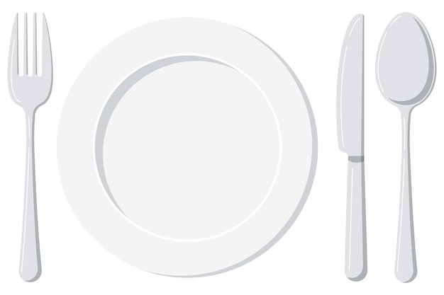 Piatto bianco vuoto con coltello cucchiaio e forchetta isolato su sfondo bianco