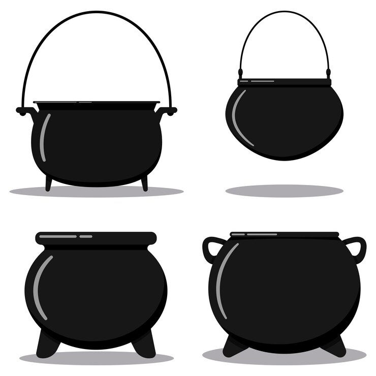 Piatto designcartoon stile illustrazione vettoriale set pentola di cottura vuota in ghisa nera, caldaia da campeggio, calderone delle streghe di ferro con manico isolato su priorità bassa bianca.