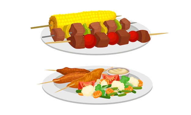 Piatto di carne con gamberetti e shashlik serviti su piatto Vector Set
