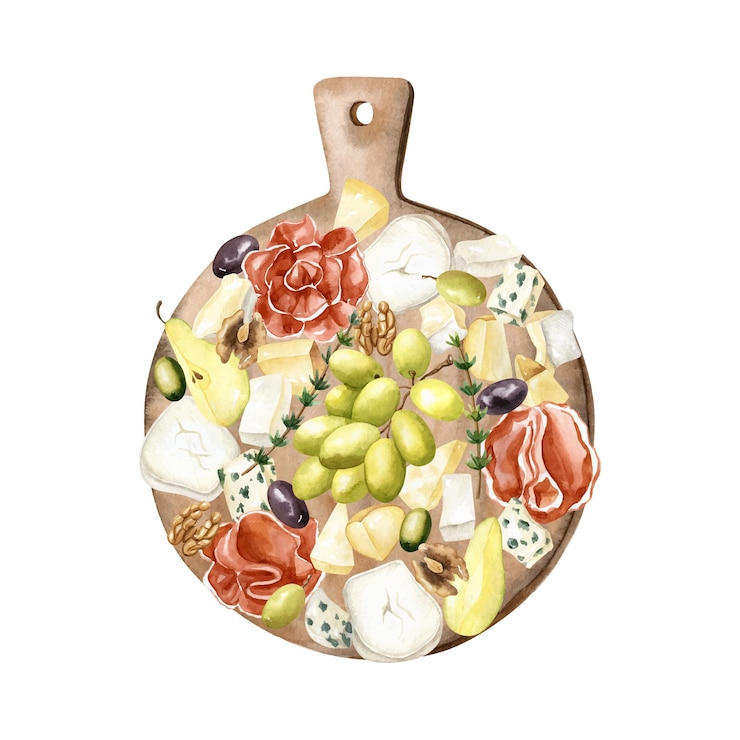 Vettore piatto di formaggi con prosciutto d'uva e noci su tavola di legno rotonda vista dall'alto illustrazione ad acquerello