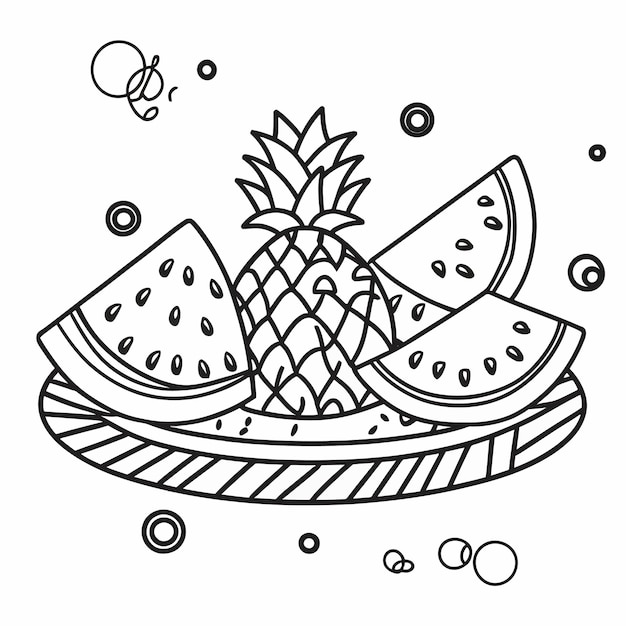 Piatto di frutta tropicale con fette di cocomero Vector Outline