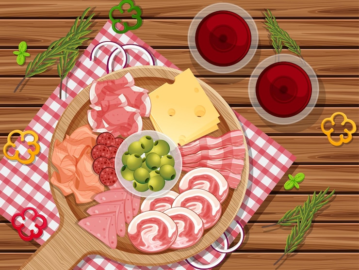 Vettore piatto di salumi e carne affumicata sullo sfondo del tavolo