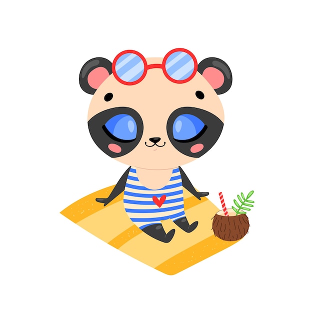 Piatto doodle simpatico cartone animato estate orso panda prendere il sole sulla spiaggia. Animali della giungla tropicale