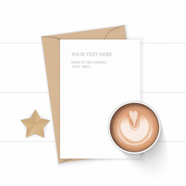 Vettore piatto laici vista dall'alto elegante composizione bianca lettera carta kraft busta foglia caffè e forma a stella mestiere su sfondo di legno.