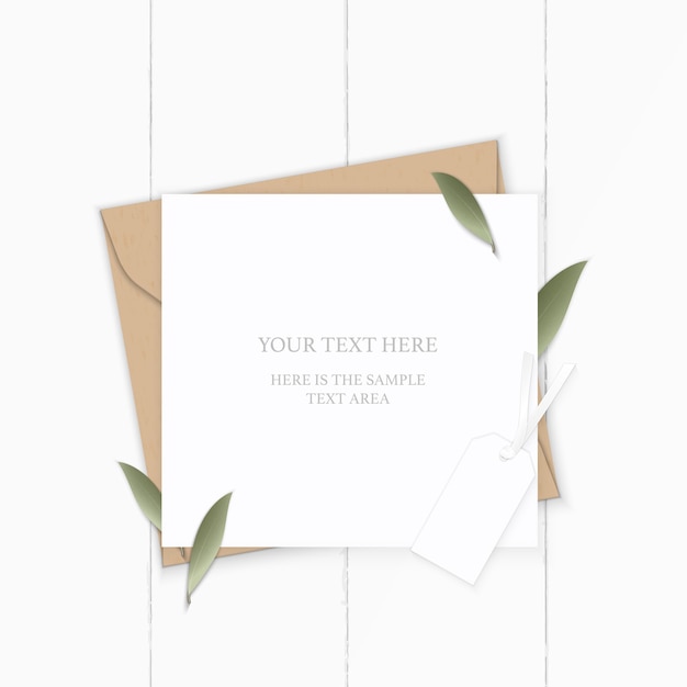 Piatto laici vista dall'alto elegante composizione bianca lettera kraft busta di carta natura foglia e tag su sfondo di legno.