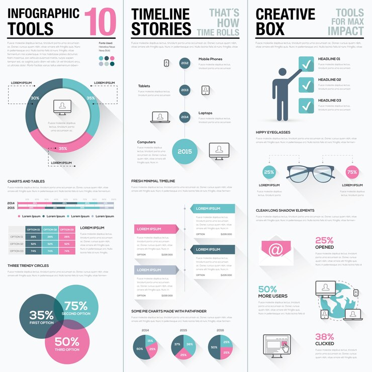 Piatto lungo ombra rosa e blu creativo infographic vettore insieme