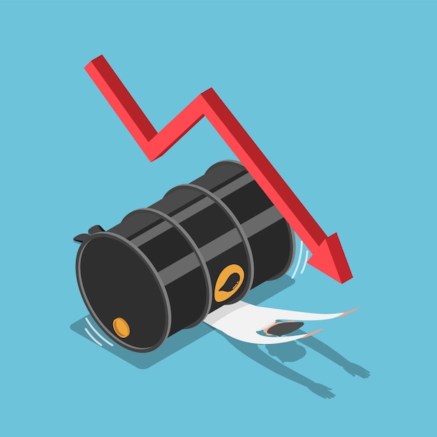 Piatto uomo d'affari isometrico 3d schiacciato dal barile di petrolio Concetto di crisi finanziaria e del prezzo del petrolio