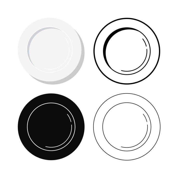 Piatto vuoto icon set illustrazione vettoriale isolato su sfondo bianco. Vista dall'alto classica icona del piatto per la cena pulita in piatto, line art, design semplice.