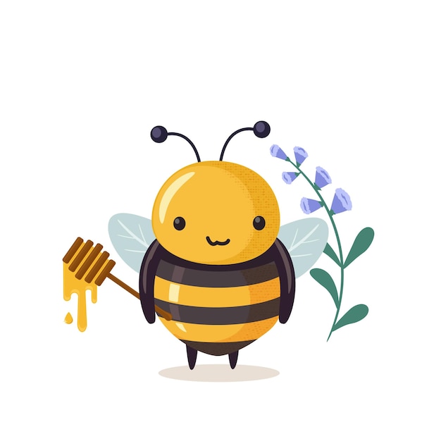Piccola ape paffuta con un cucchiaio di miele Cartoon ape simpatico personaggio in stile piatto