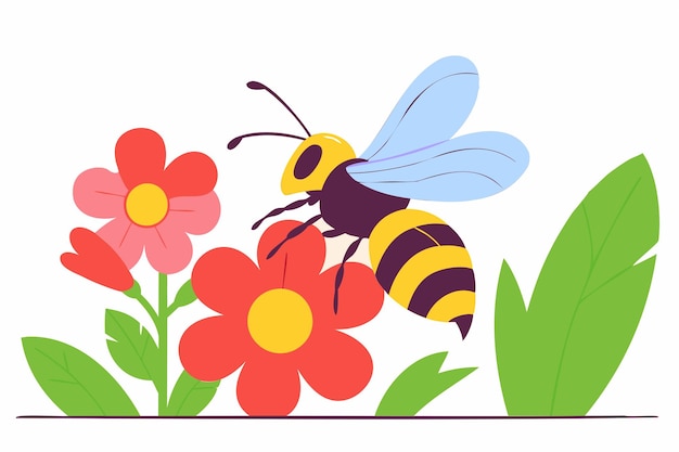 Piccola api sul fiore illustrazione vettoriale scena di impollinazione tema natura design floreale di api che ruggono