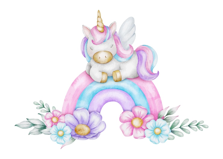 Vettore piccola bambina rosa arcobaleno favola unicorno fiori e foglie acquerello isolato illustrazione per il logo prodotti per bambini vestiti tessuti cartoline poster baby shower e stanza per bambini