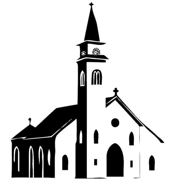 Piccola chiesa classica che costruisce la siluetta in bianco e nero