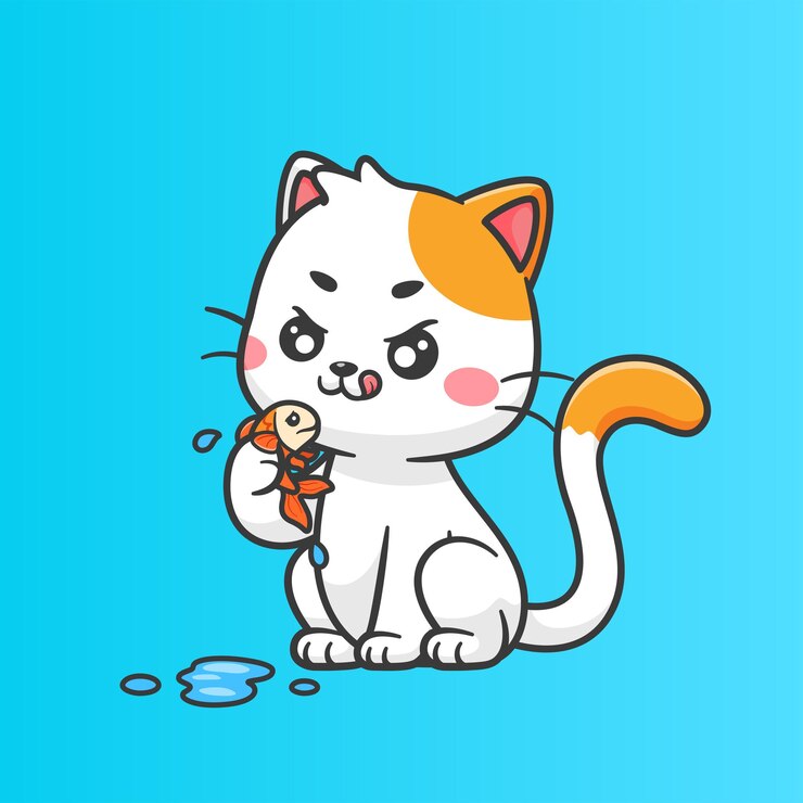 Piccola gatta che mangia pesce cartone animato Vector Icon Illustration Animal Food Icon Isolato Flat Vector