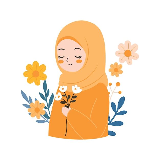 Piccola ragazza musulmana caricatura sorridente che indossa l'hijab con decorazione floreale