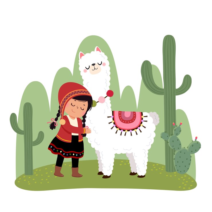 Vettore piccola ragazza peruviana e la sua alpaca con cactus