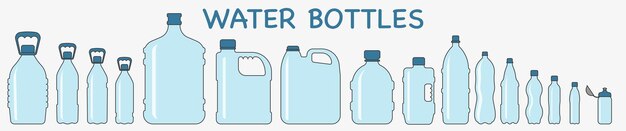 Piccole e grandi bottiglie d'acqua Set vettoriale di bottiglia d'acqua con tratto isolato su sfondo bianco