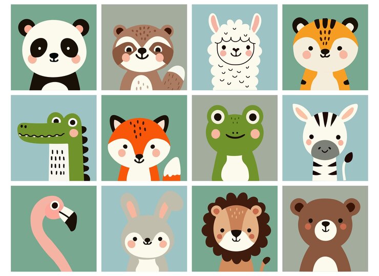 Piccoli e semplici ritratti di animali in cornici colorate coniglio rana tigre panda lama coccodrillo