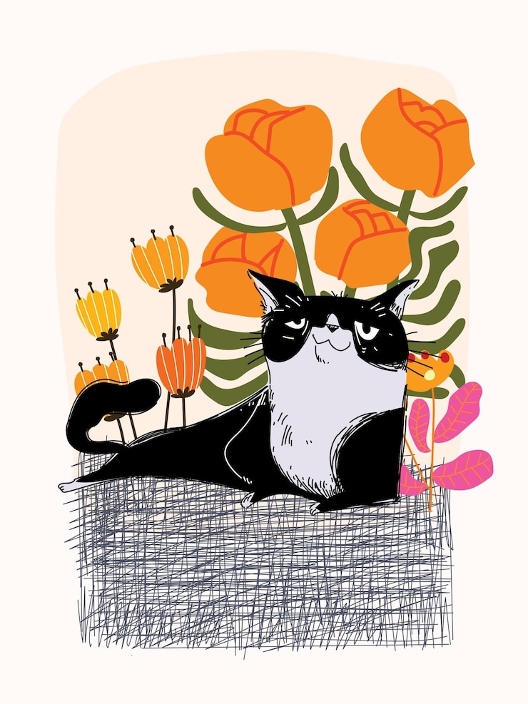 Vettore piccoli gatti e fiori piante su vasi vasi disegnati a mano illustrazione vettoriale animali domestici e natura