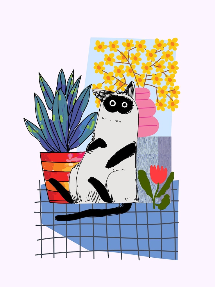 Vettore piccoli gatti e fiori piante su vasi vasi disegnati a mano illustrazione vettoriale animali domestici e natura